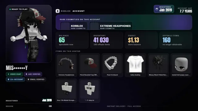 🎭Korblox + Extreme Headphones ⏳ reg. 2019 🎭 age 13+ 🎧 voice chat 🧰 inventory: 41K, Sale, Voice chat: Yes