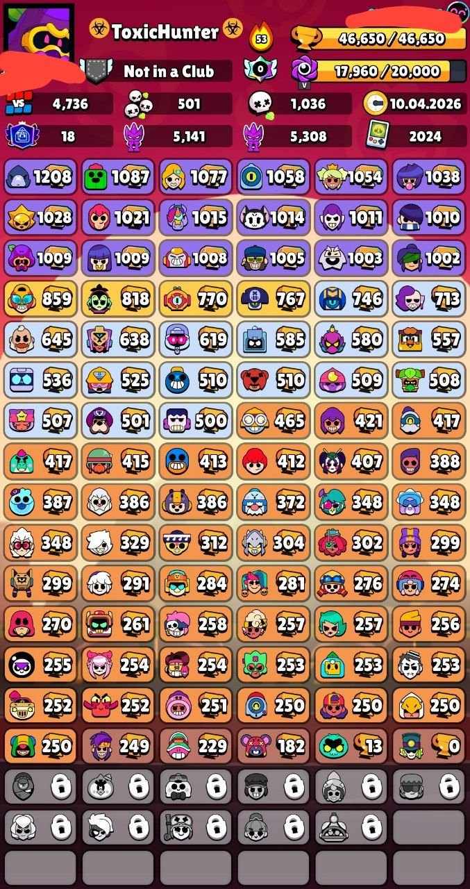 🎅📌46,6К🏆🌟90/101👤44 HYPERAS23 11 STRENGTHS🪙250 SKINS ~25K GEMS🎎23 TITLES🏆💮5 BUFFS❇️🔰〔NAME 60〕🔰, trophies 46600, brawlers 90, primes 18