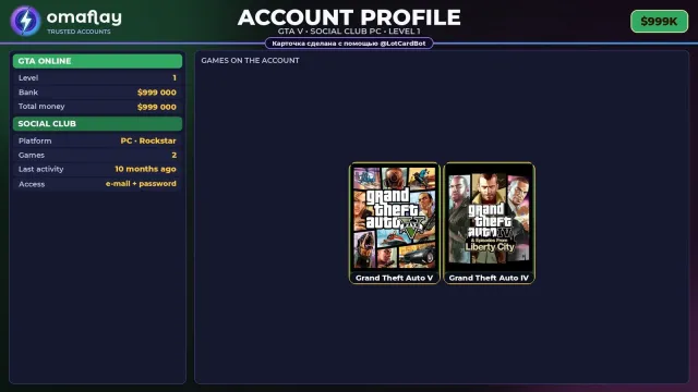 ⚡ SOCIAL CLUB ⚡ ПОЛНЫЙ ДОСТУП • ПОДХОДИТ ДЛЯ ONLINE/RP • УРОВЕНЬ 1 • $999K #4E7L7D, Продажа