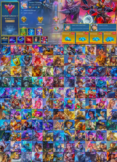 🔥 EXALTED 5 👑 Gusion – Legend 🌌 Benedetta – Collector 🏍️ Irithel – Ducati 🤖 Roger – Transformers, Продажа, Ранг: Мифическая слава, Уровень: 135, Процент побед: 55%, Герои: 133, Облики: 319