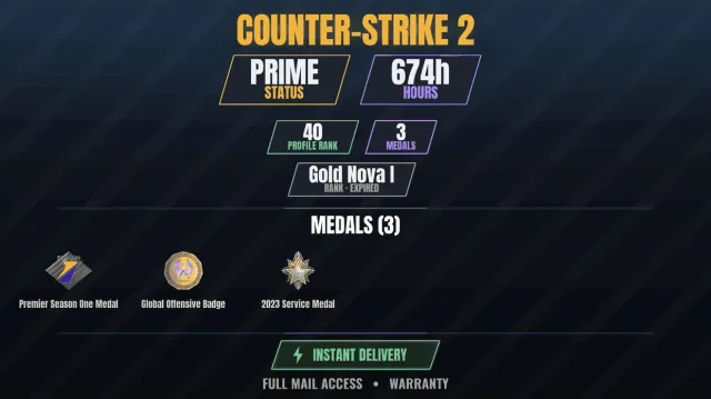 CS2 Prime🏆674h🎮3 medals Medal for Service 2023, Premier Medal, Season 1, Global Offensive Badge, For Sale, With Inventory, Has PRIME