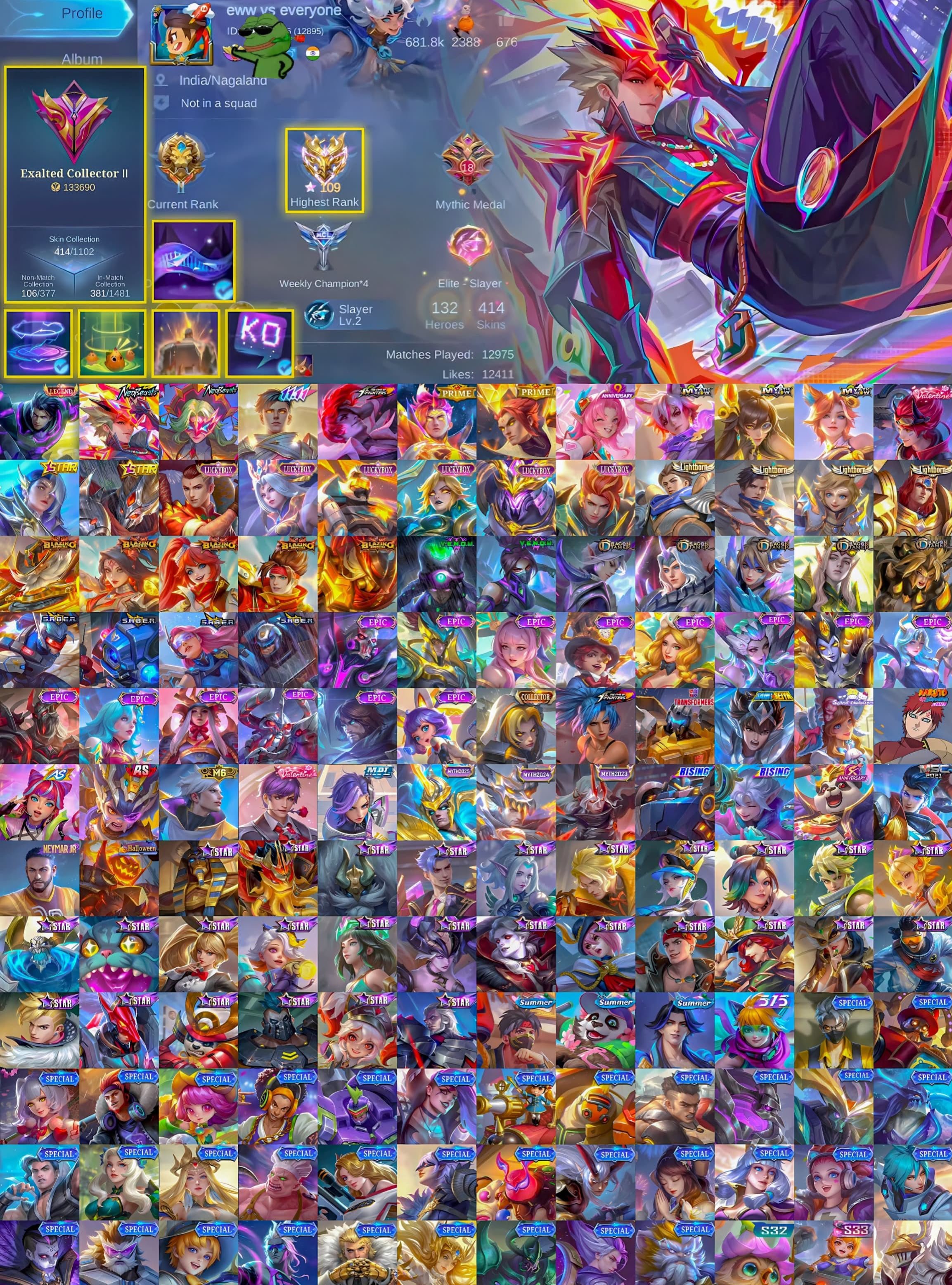 👑 Alucard Legend 🐉 Ling Collector 🌟 Pharsa Neobeast 🥊 Chou KOF 🎭 Gusion 11.11, Sale, Rank: Mythical Immortal, Level: 116, Winrate: 60%, Heroes: 133, Skins: 414