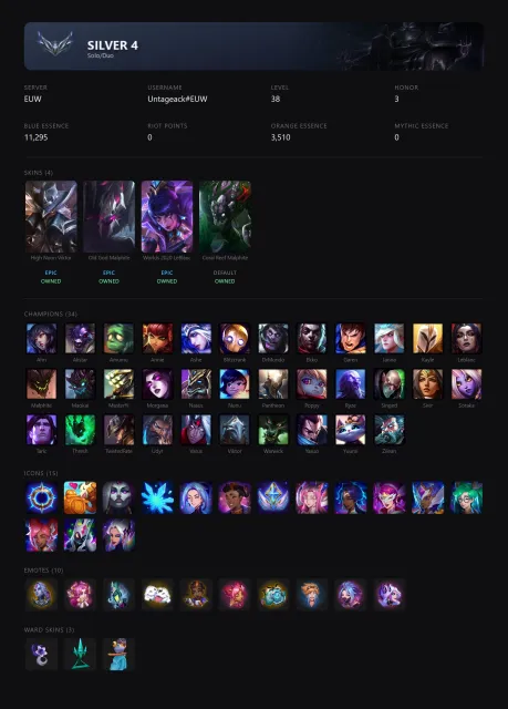 🟡┃👑 HIGH NOON VIKTOR / OLD GOD MALPHITE / WORLDS 2020 LEBLANC ┃🕗 АВТОВЫДАЧА┃🤍 СМЕНА НИКА┃✅ ПОЧТА┃, Продажа, уровень 38, чемпионы 34, скины 4, Серебро