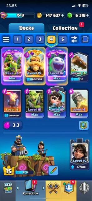 🏆12561 ⚔️Arena 30 🂡 122/122 ⚜️22 Legendary ..., 30 arena, 1518 level, 12561 trophies, 122 cards, 22 leg, Available