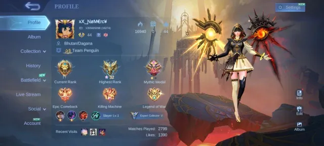Gaara Vale pegasus badang EPIC lunox Gatokacka Karrie khufra emblem Max, Sale, Rank: Mythic, Level: 44, Winrate: 50%, Heroes: 86, Skins: 129