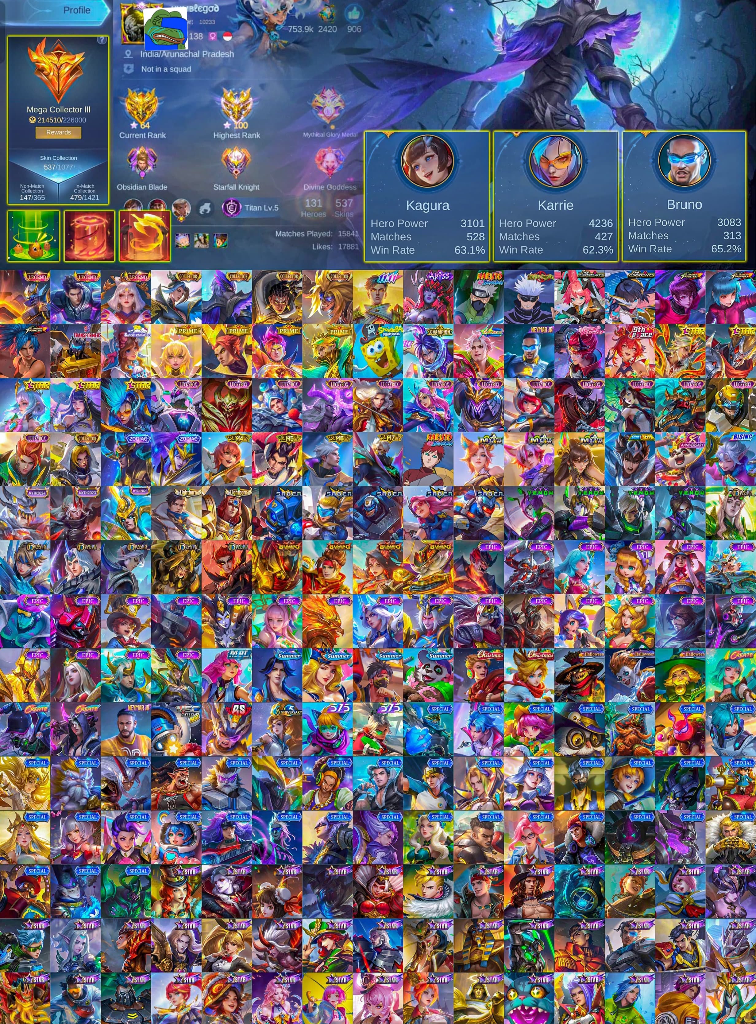 🏆 Mega Collector 2 👑 Granger⚔️ Alucard 🌙 Lunox Legend 🎭 4x Collector 🖤 Selena Abyss 👊 Gojo 🥷 Kakashi, Sale, Rank: Mythical Immortal, Level: 135, Winrate: 60%, Heroes: 133, Skins: 537