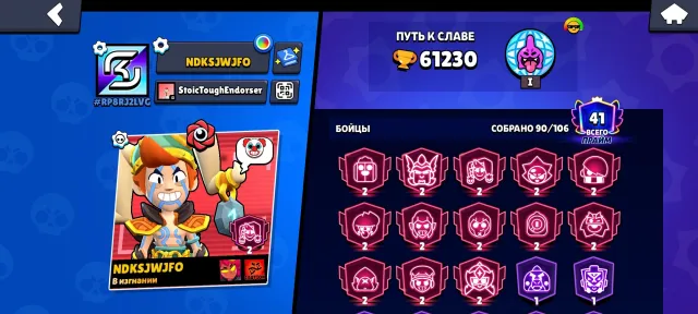 There are normal skins of the account from 2023, 61200 trophies, 90 brawlers, 41 primes
