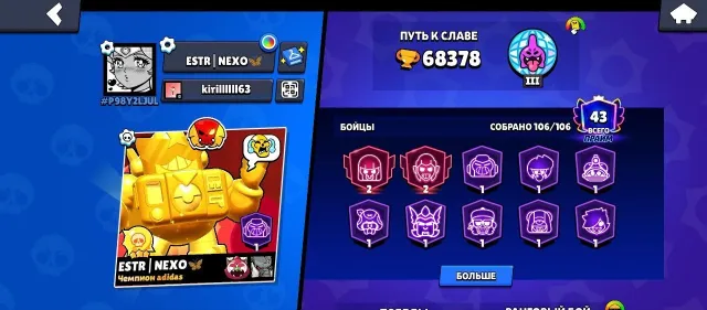 TOP ACCOUNT IN BRAWL STARS 68K, 68000 trophies, 106 brawlers, 43 primes