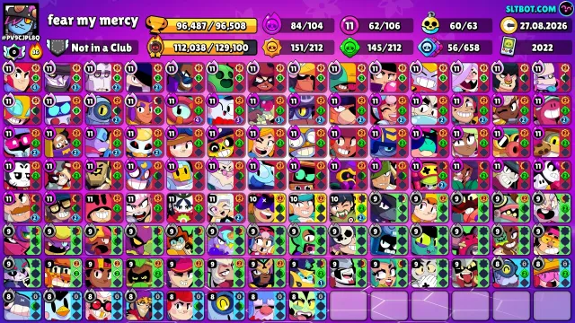 🤩Fat account 9 3 primes, new master, a bunch of skins, 13 brawl pass+🤩, 96500 trophies, 106 brawlers, 70 primes