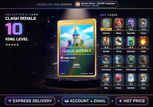 👑 ANDROID • IOS ✧ CR KING 10 ✧ Valkyrie, Goblin Giant, Elite Barbarians, Skeleton Barrel, 12 arena, 10 level, 3834 trophies, 102 cards, No