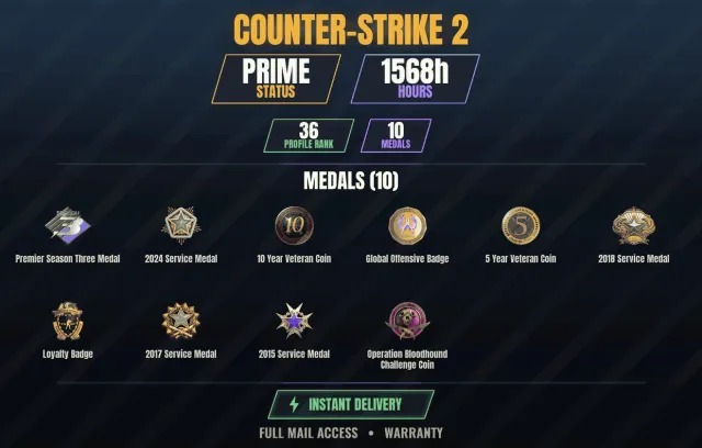 CS2 Prime👑1500h✨10 medals Veteran Coin 10 years, Service Medal 2015, Service Medal 2017, Sale, With inventory, Has PRIME