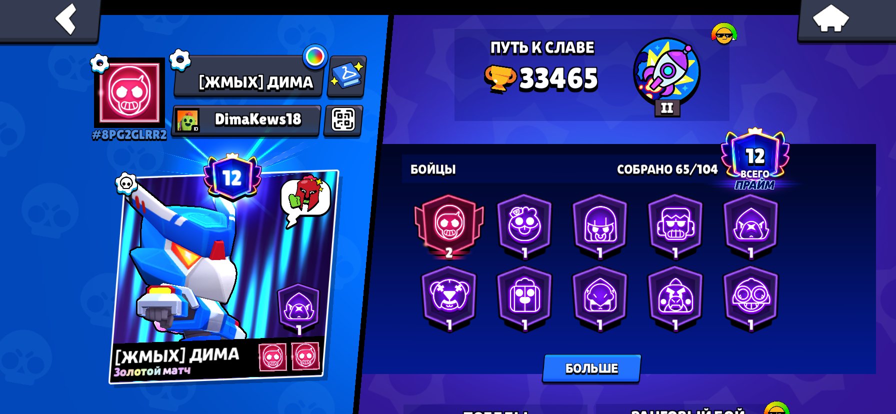 RARE PINES✨SECOND PRIME❤️-5000 HEMOS🍀, trophies 33500, brawlers 64, primes 12