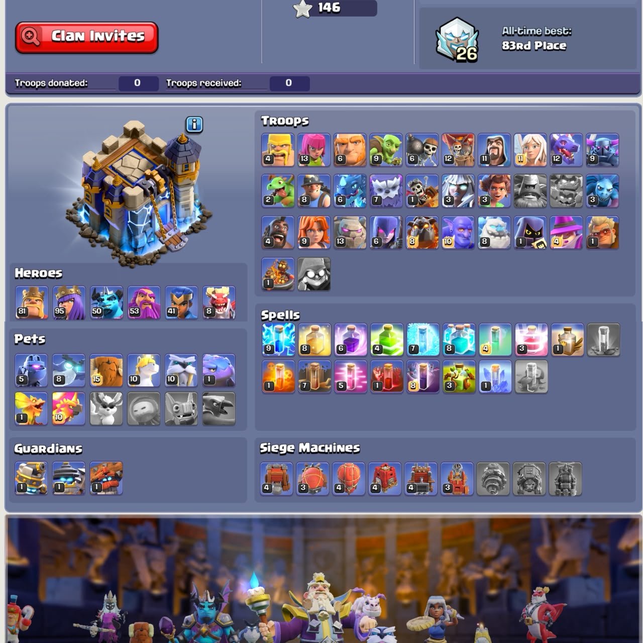 France Local ❖ TH 18 Full Max ❖ Heroes 81-95-50-53-41 ❖ All 12x Epic Equipment ❖ 530 CWL Medals, 18 TH Main Village, 10 TH Builder