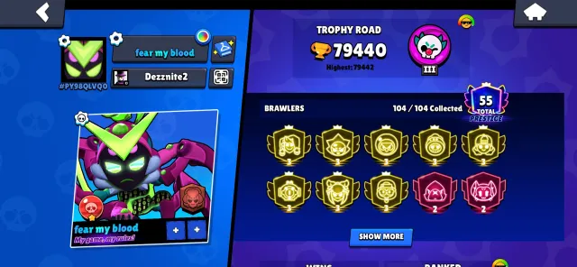 !!!!!!!8 third-tier Prime , Master rank 35PIN .!!!!!!!!!, trophies 79000, brawlers 104, primes 55
