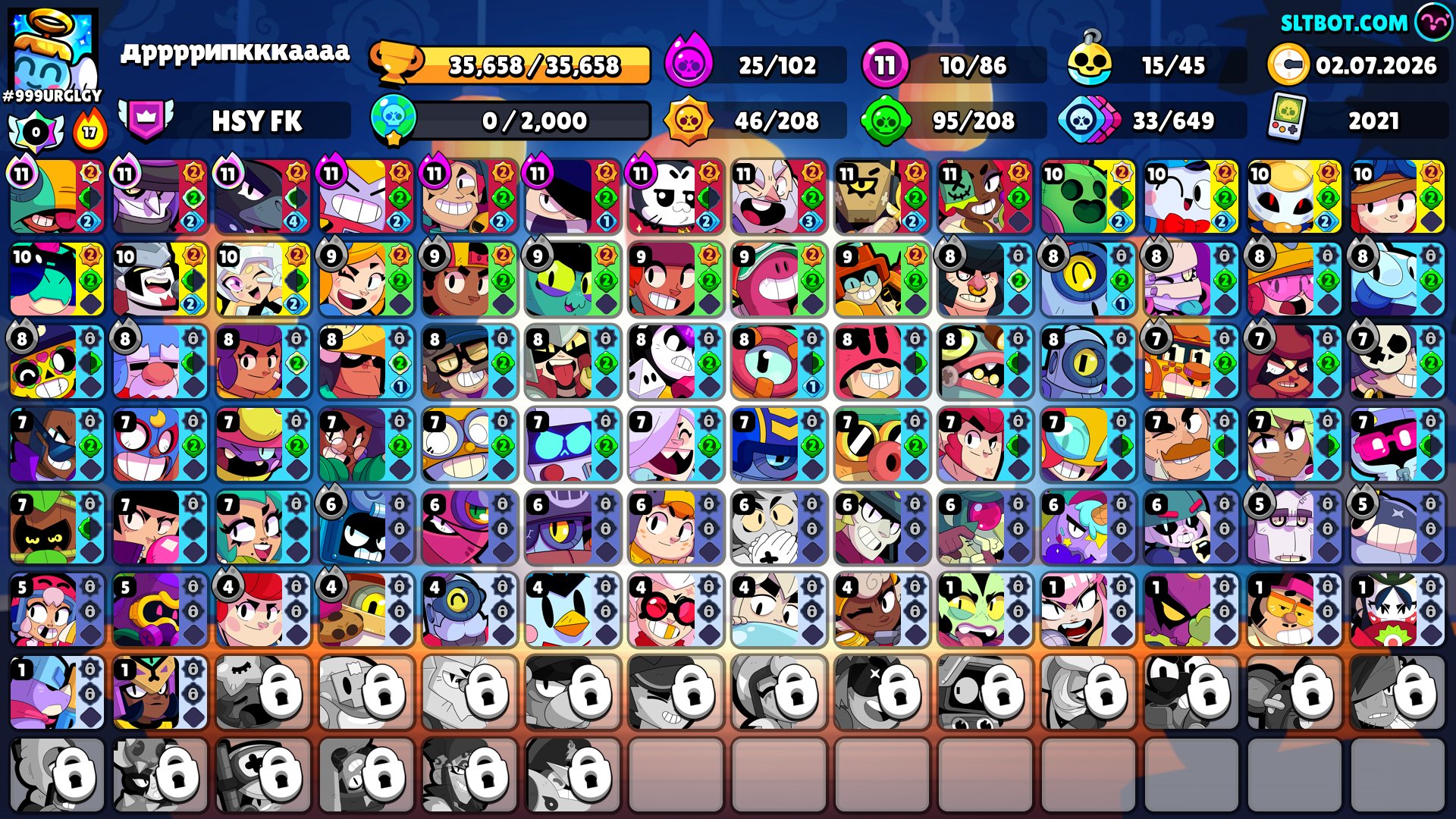 ⚛️ 10 11 POWER - 7 HYPERS⚛️ 🔴KADZE AND SIRIUS🔴🔮165 SKINS🔮🎫6 BATTLE PASS SKINS🎫🔮12 TITLES🔮🏰12 PRIMES🏰, trophies 35658, brawlers 86, primes 12