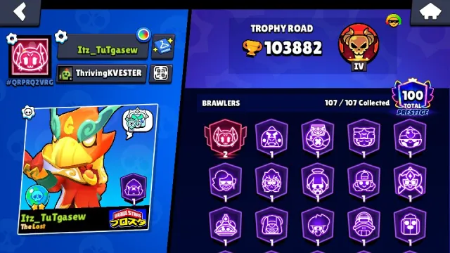 🏆103𝐊🏆⭐️100ПРАЙМОВ🟡55K Монет💎170 Кристалла💎✨25К БЛИНГОВ, 103882 кубков, 107 бравлеров, 100 праймов