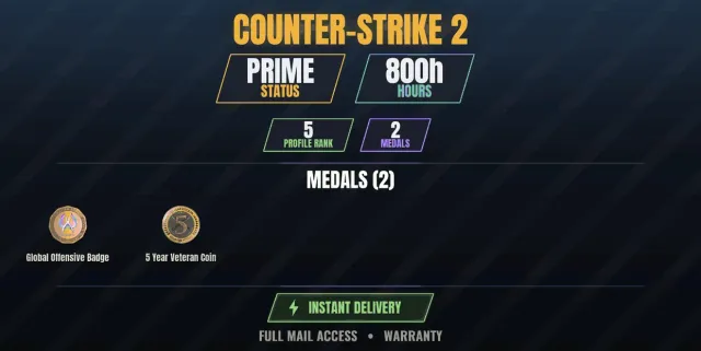 【CS2 Prime👑800h✨2 medals】【RUST】 5-year veteran coin, Global Offensive badge, Sale, With inventory, Has PRIME