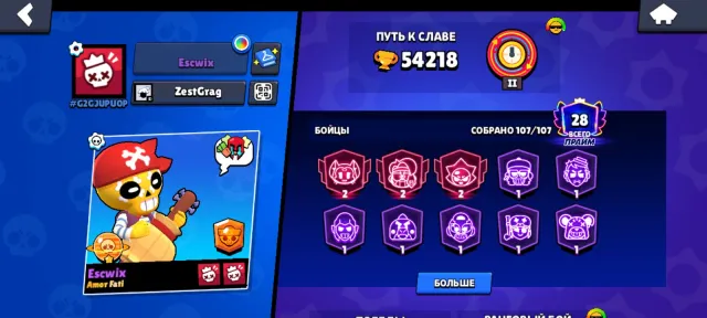 ACCOUNT IN BRAWL STARS WITH RARE SKINS AND UNIQUE PINS, 54129 trophies, 108 brawlers, 28 primes