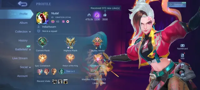 Metro Zero Ixia, Sanrio, Mystic Meow, Max Emblems, TLPH TP Horse, Global 🔥, Sale, Rank: Mythical Glory, Level: 93, Win Rate: 48%, Heroes: 114, Skins: 205