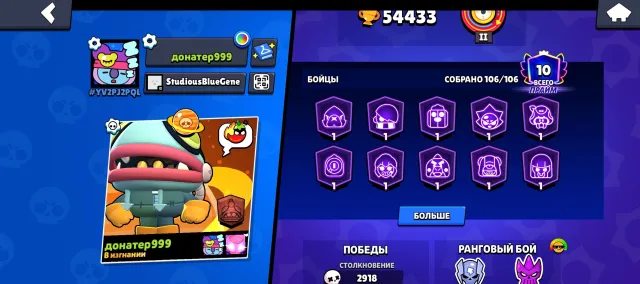 Account in Brawl Stars, 54500 trophies, 106 brawlers, 10 primes