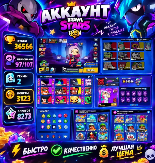 🔥 36k trophies | 97 brawlers | BRAWL STARS, 36566 trophies, 97 brawlers, 20 primes