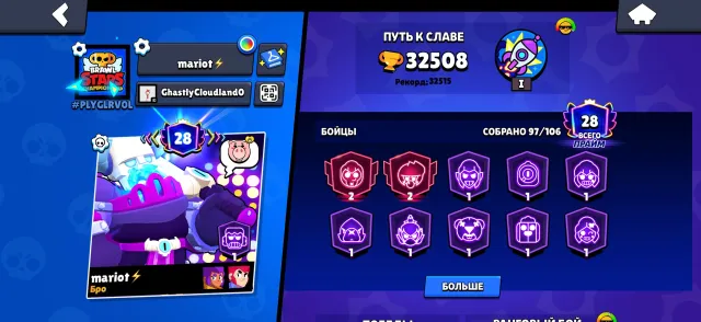 💙🏆32508 🏆2020 13 LEG🏆💙, 32508 trophies, 97 brawlers, 28 primes