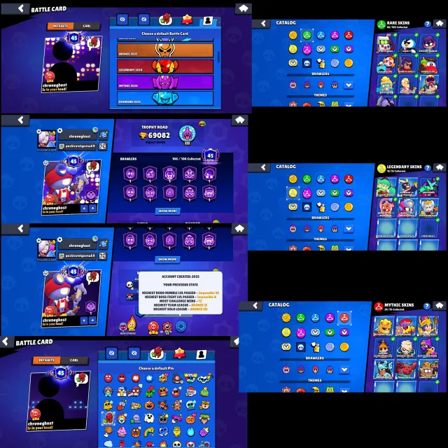69k trophies, 40 with a little 11 power, red third glory, 69082 trophies, 106 brawlers, 45 primes