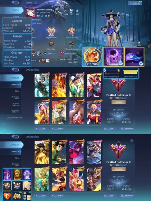 Collector ling, hanzo, zilong, neo beasts ling, pharsa, gon, kishin lance , Sale, Rank: Mythic, Level: 50, Winrate: 55%, Heroes: 60, Skins: 275