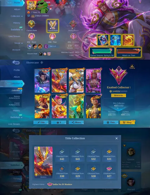 🔥 EXALTED 1 👑 Alucard Legend 🌟 Moskov All-Star 💖 Lesley Aspirants ⭐ Claude Prime 🌠 Granger Prime, Продажа, Ранг: Мифический Бессмертный, Уровень: 94, Процент побед: 70%, Герои: 133, Облики: 437