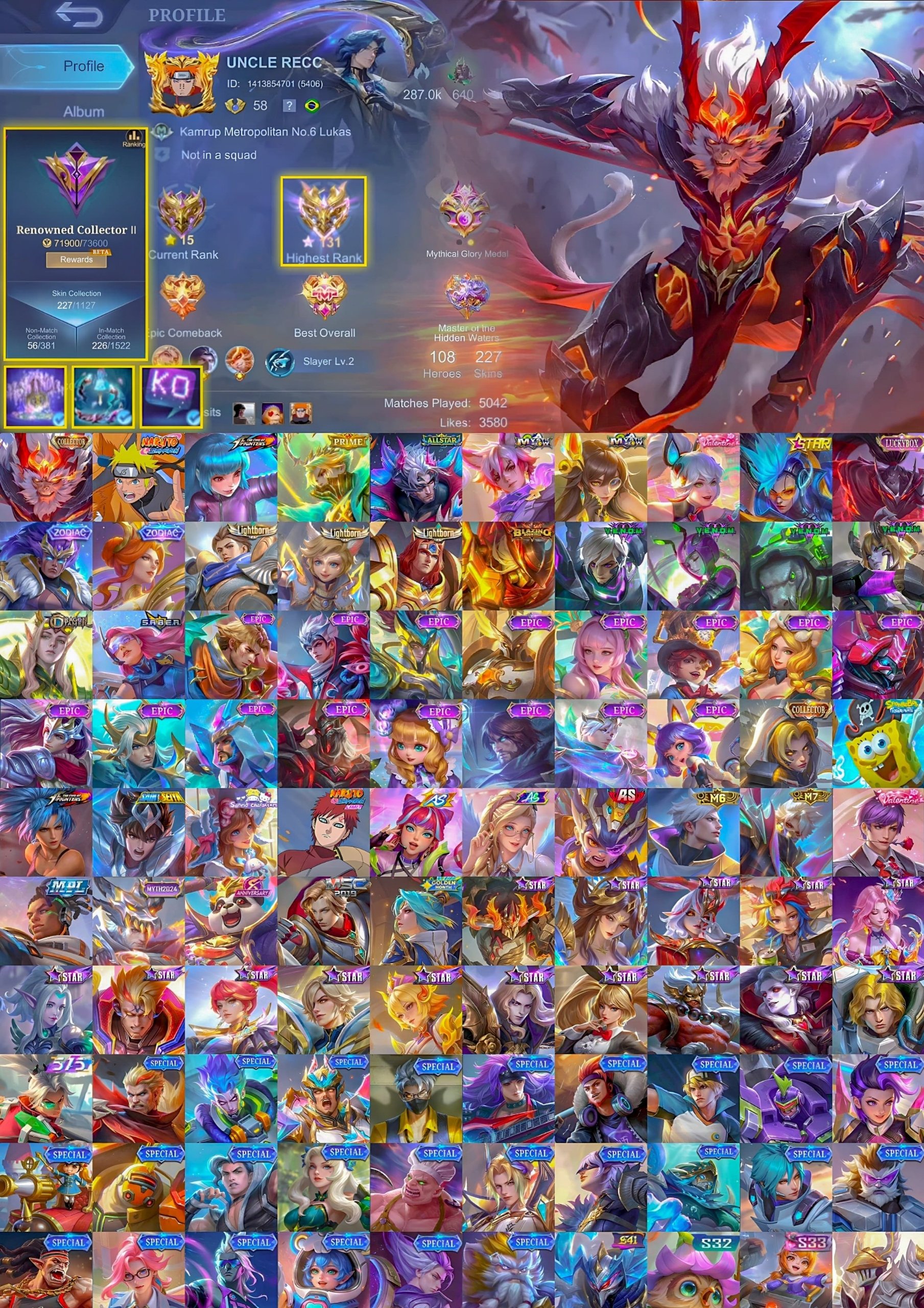 🔥 Collector San, Naruto Lucas, Kouf Aurora, Prime Granger, Allstars Chong, Sale, Rank: Mythical Immortal, Level: 58, Winrate: 51%, Heroes: 108, Skins: 227