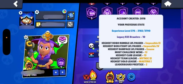 Pro rank, Throphy titan, Witch shelly werewolf leon+ more og skins. Old master powerleague, 85000 кубков, 105 бравлеров
