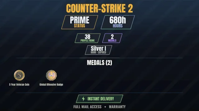 CS2 Prime🏆680h🎮2 medals Veteran Coin 5 years, Global Offensive Badge, Sale, With inventory, Has PRIME