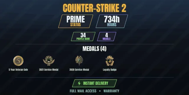 【CS2 Prime👑734h✨4 medals】 Service Medal 2020, Service Medal 2021, Loyalty Badge, Coin, Sale, With inventory, Has PRIME