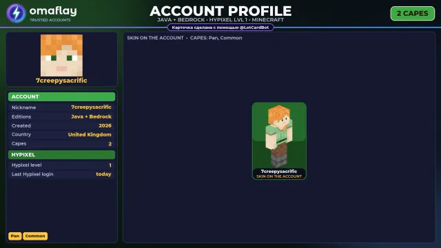 ⚡ 【MINECRAFT】 💎 JAVA + BEDROCK | 2 CAPES: Pan 💎 FULL ACCESS | NO BAN HYPIXEL (1 LVL) #4EWB00, Sale, All account data