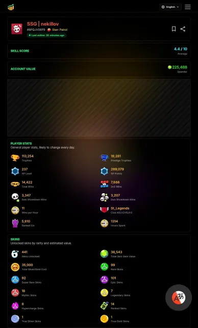 🏆113000🏆👤104/104👤🎫2 purchased ps🎫 full of old skins, trophies 113000, brawlers 104, primes 97