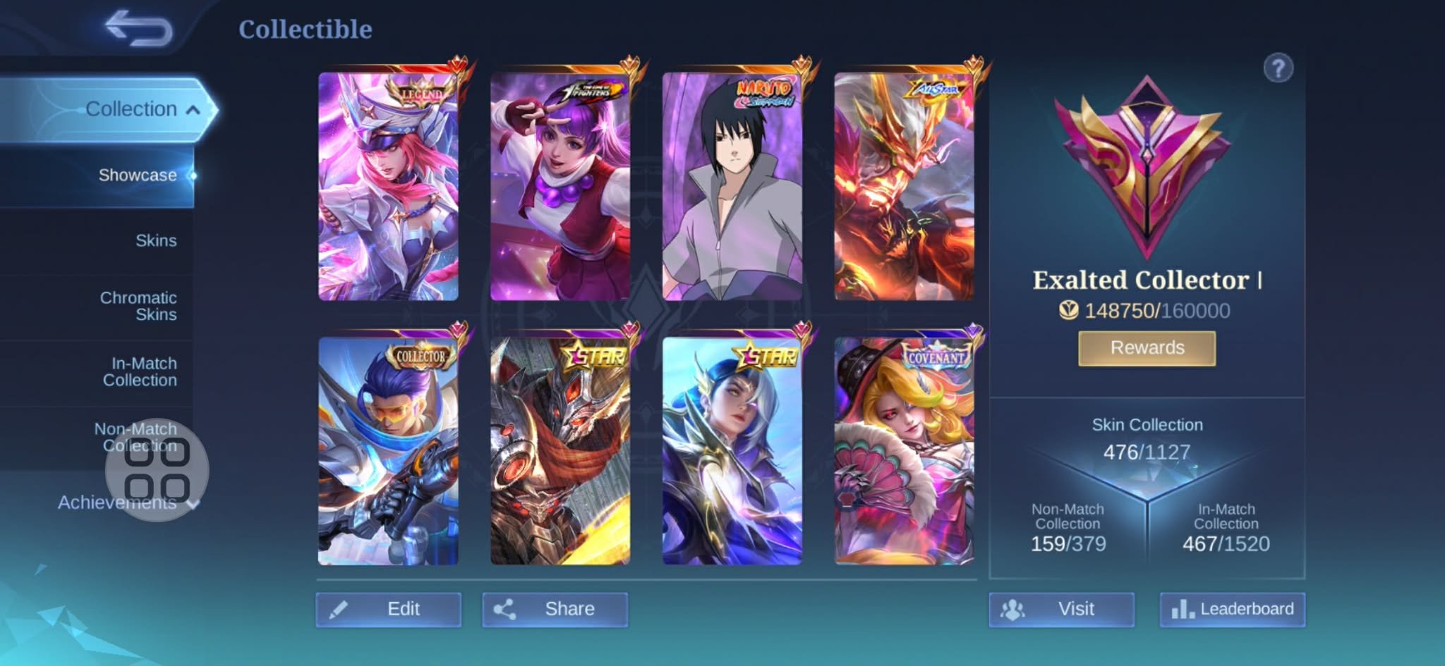 476 skins | All hero | all emblem max | huge premium skins collections | ios + android, Sale, Rank: Mythical Immortal, Level: 148, Winrate: 55%, Heroes: 133, Skins: 476