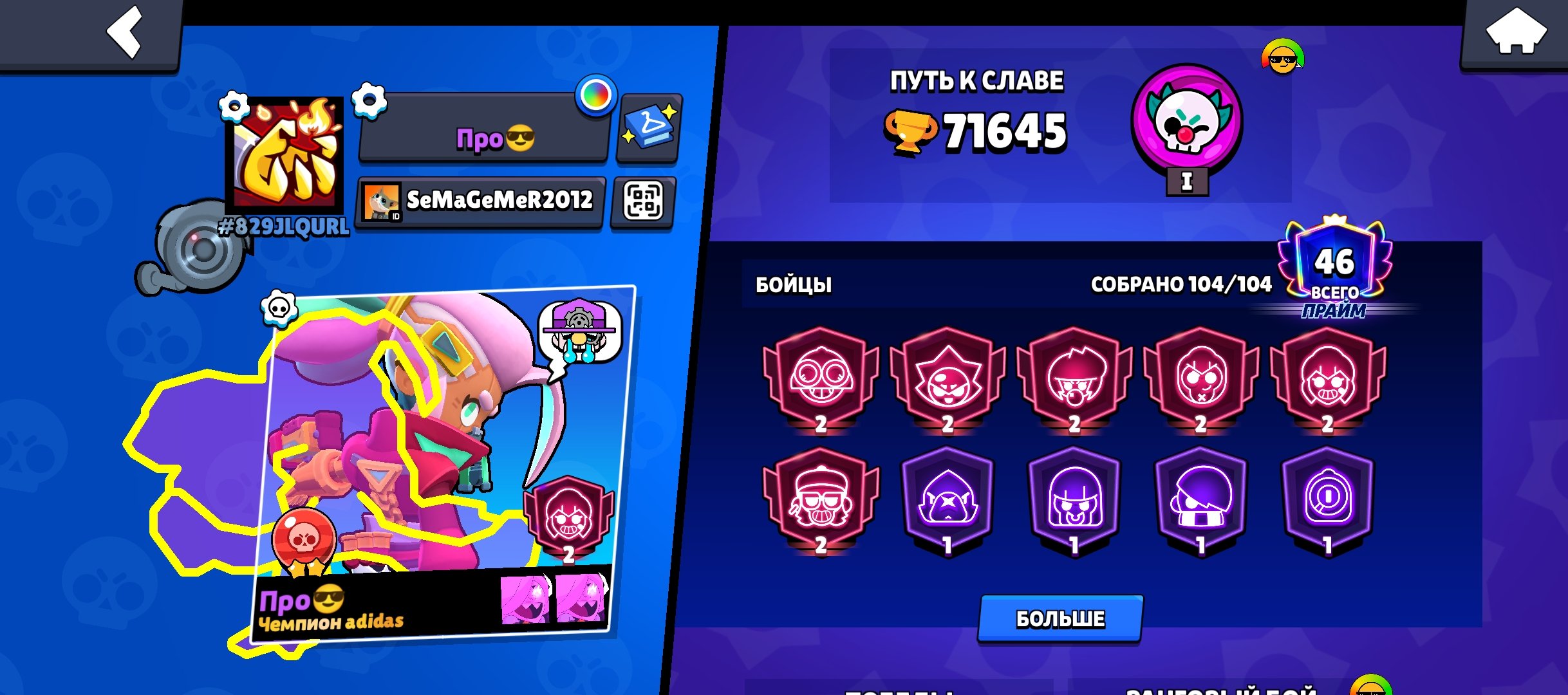 Fat acc 21 years old, trophies 71645, brawlers 104, primes 46