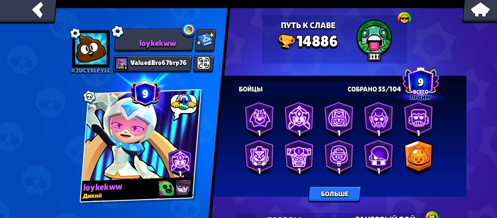 Dhhdjrrvbr, trophies 14886, brawlers 55, primes 9