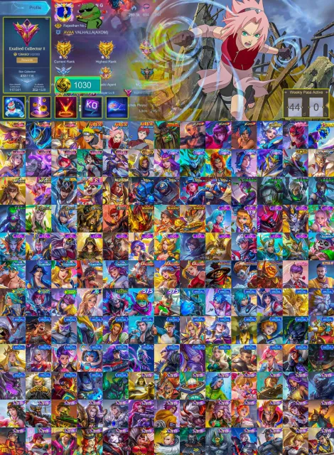 👑 1030 JJK Crest 💎 Legendary Lesley ✨ Gusion 🚗 Johnson 🍥 Lucas Naruto 🥊 Gusson KOF, Продажа, Ранг: Мифический, Уровень: 169, Процент побед: 55%, Герои: 133, Облики: 437