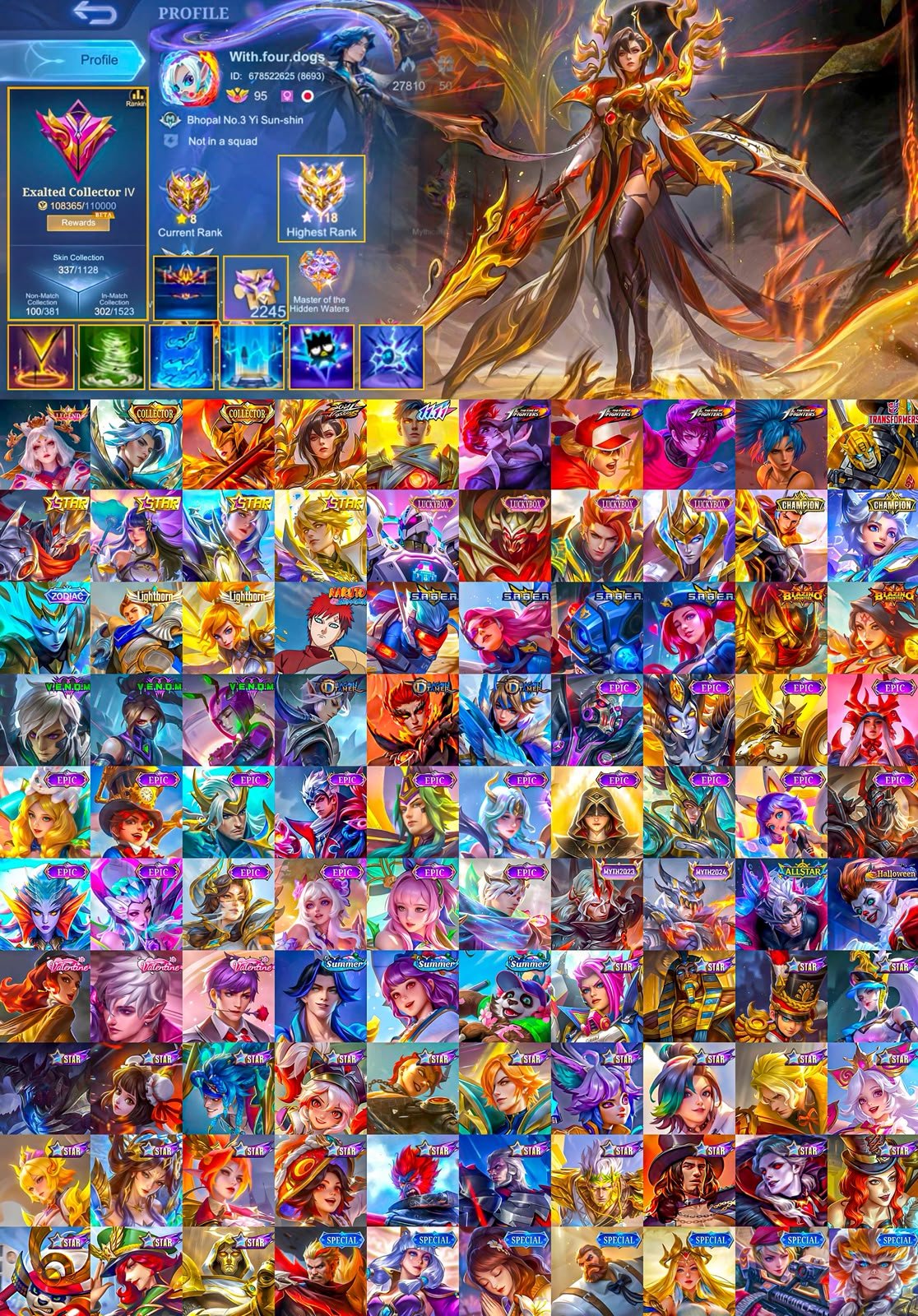 Legend Lunox, Collector Ling Pharsa, Vessel Benedetta, KOF Gusion, Transformers, 11.11, Global 🔥, Sale, Rank: Mythical Immortal, Level: 125, Winrate: 58%, Heroes: 133, Skins: 337