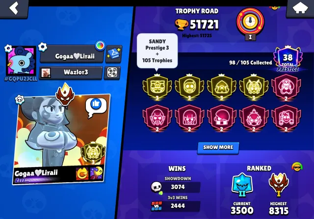 T2 SANDY IN THE WORLD, 4 3 prime, skins for 23k gems, trophies 51721, brawlers 98, primes 38