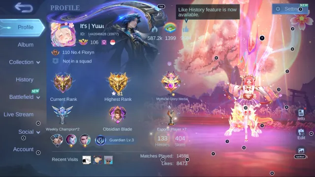 #MG218 Highest Rank Mythic 81⭐; LEGEND Alucard; Naruto Lukas, Julian; HxH Julian; Keshin Angel, Sale, Rank: Mythic, Level: 106, Winrate: 49%, Heroes: 133, Skins: 404