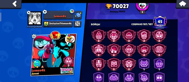 All characters are cool and limited skins, 70027 trophies, 107 brawlers, 45 primes