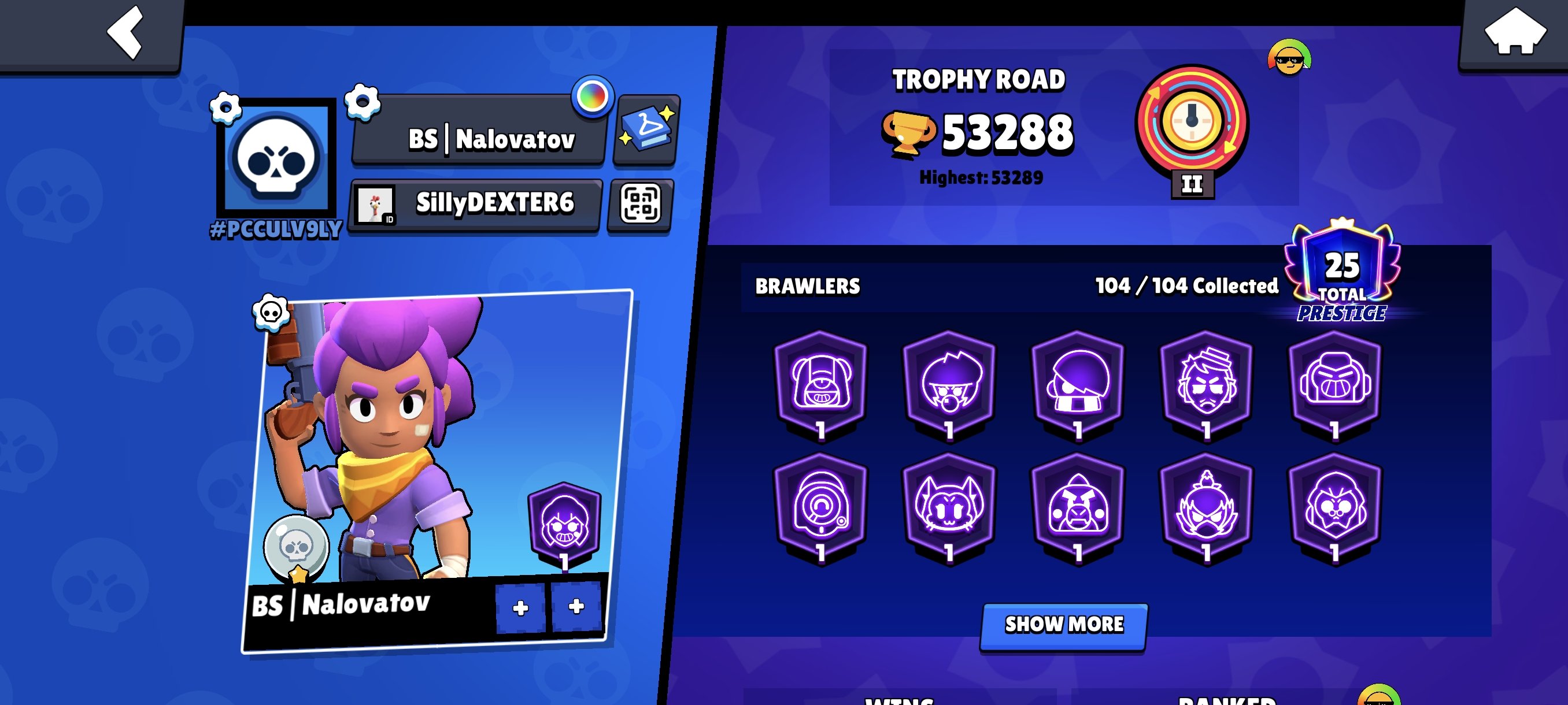 Cool account. 53k, trophies 53288, brawlers 104, primes 25