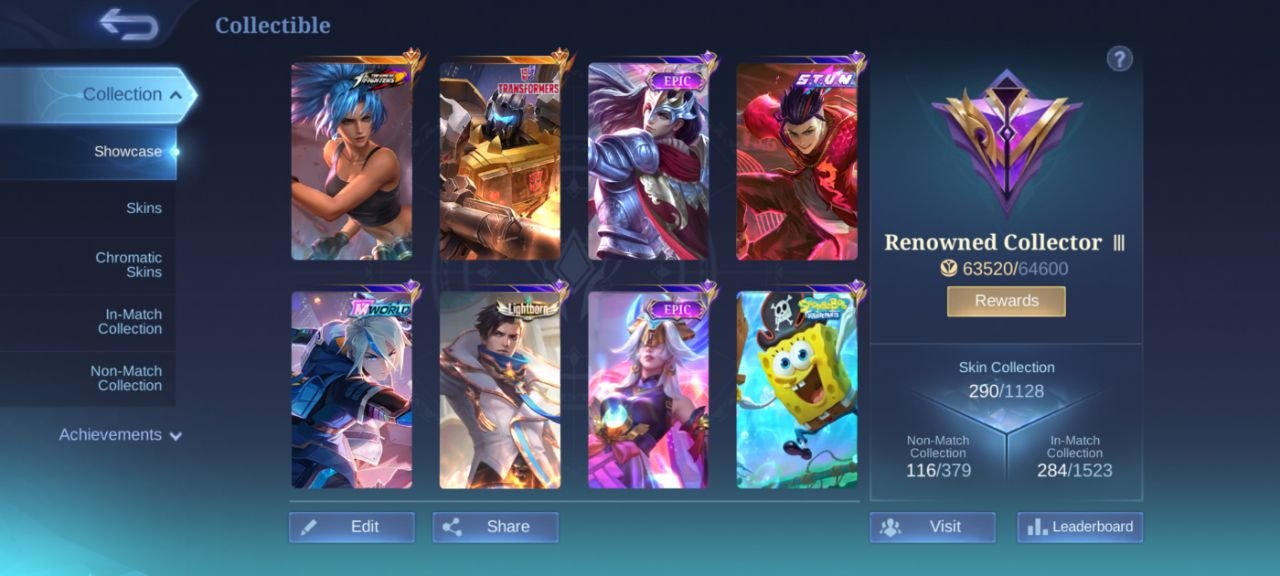 transfer Roger KOF Karina collector Natalia deluxe 35 Stun Chou EPIC YSS Gatokacka pharsha, Sale, Rank: Mythic, Level: 102, Winrate: 55%, Heroes: 132, Skins: 290