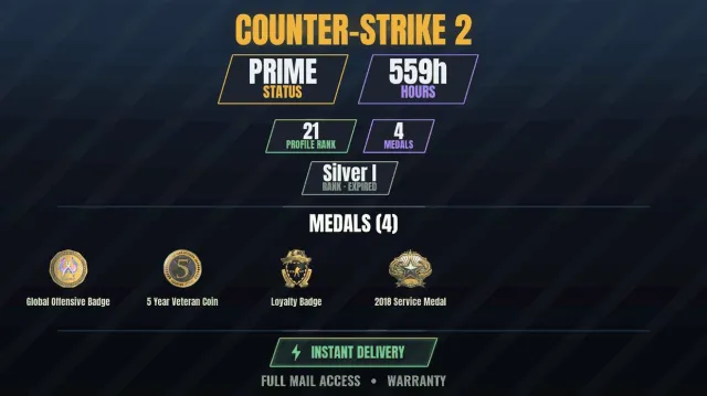 CS2 Prime👑559h✨4 medals Medal for Service 2018, Loyalty Badge, 5-Year Veteran Coin, Global, Sale, With inventory, Has PRIME