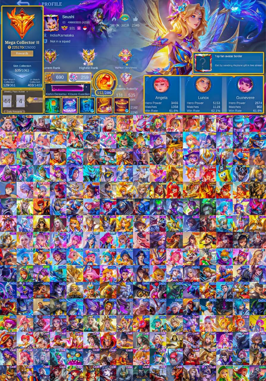 🟨✖️🟨Epic account with 537 skins! 🔥 131 heroes and 53% win rate! 💪