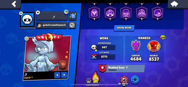 5x old league, 3 leagues in record 30+ 11 power spray 30 rank, 49600 trophies, 105 brawlers