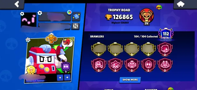 PRO RANK, MANDY MATCHERINO WINNER, 4 OLD RANK35, 4 PRESTIGE 3, OLD MASTER POWERLEAGUE, 126000 кубков, 105 бравлеров
