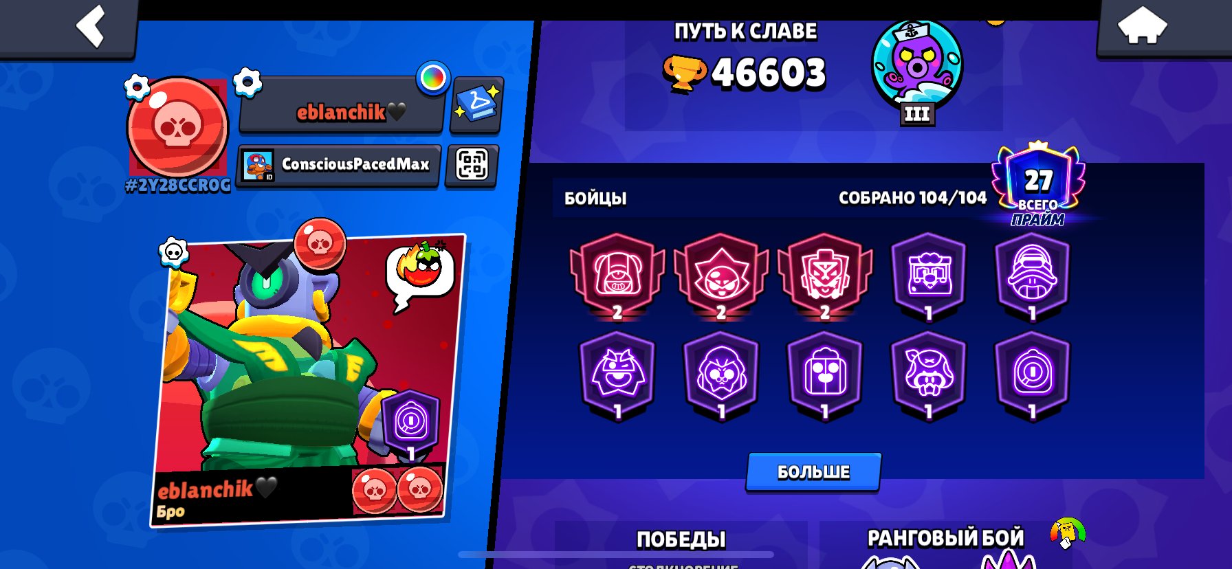 A lot of skins, a very juicy account and old, photos in the profile price 5500, trophies 46000, brawlers 104, primes 28